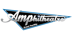 The image features a stylized logo for an event facility, prominently displaying the word "Amphitheatre" in a shiny, silver font, accompanied by a blue triangular accent and the text "Event Facility" in smaller letters below.